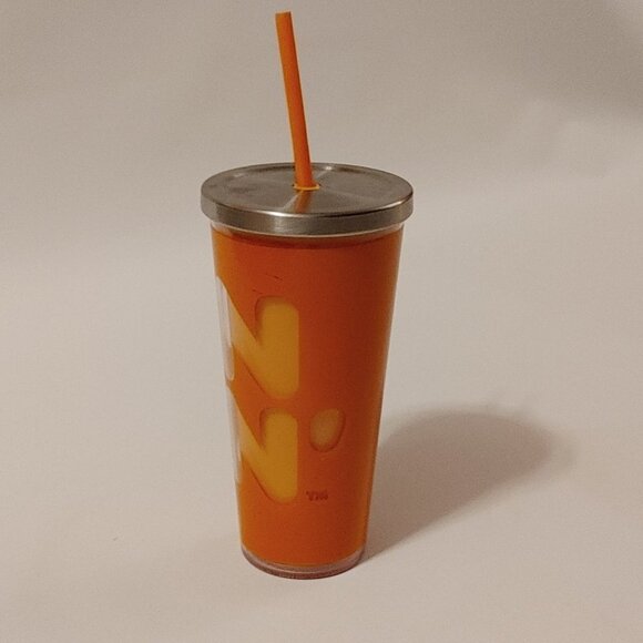 FUN DUNKIN Dunkin Donuts Travel Mug Cold Cup Steel Lid with Straw Orange - Picture 9 of 11